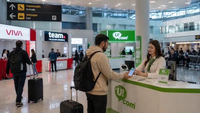 Traveler purchasing a local SIM card at Zvartnots Airport in Armenia with operator counters visible in the arrivals area.
