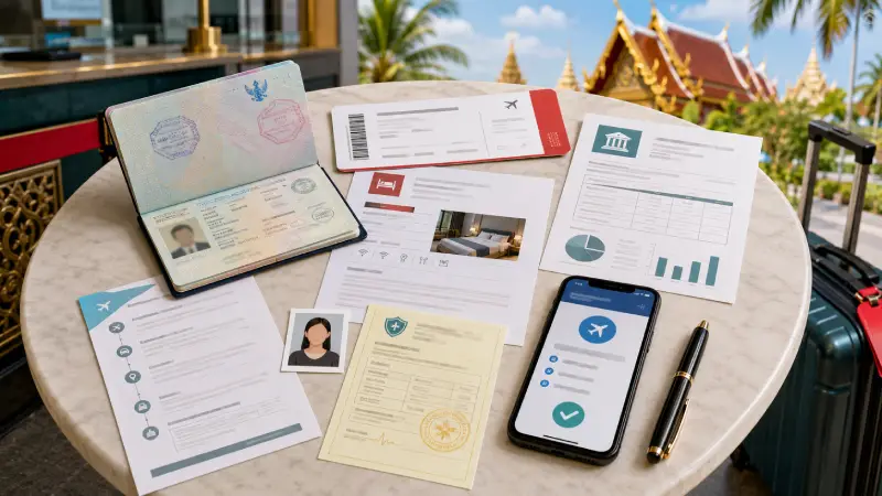 Passport, onward ticket, hotel booking, funds evidence, vaccination record, and digital arrival confirmation prepared for Thailand entry.