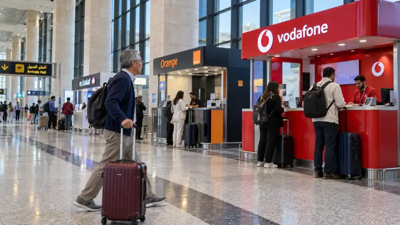 Editorial reconstruction of a traveller approaching a Vodafone SIM counter in Cairo Airport’s arrivals hall.