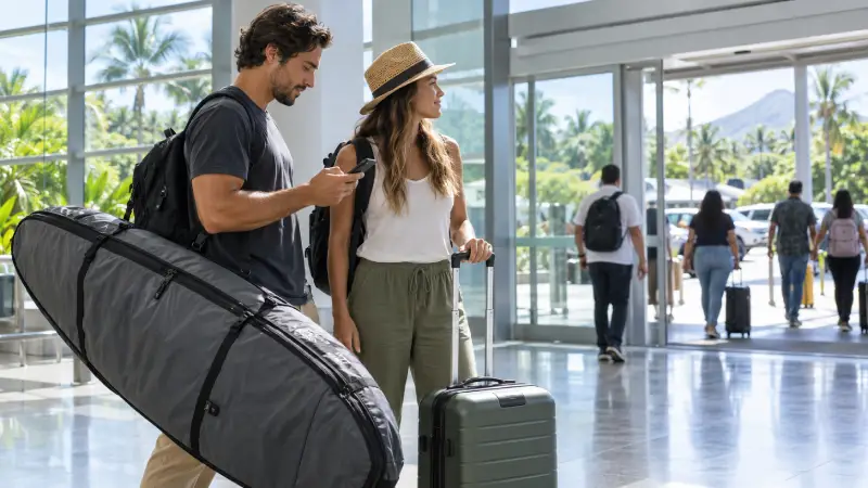 Pareja comprobando los detalles de un traslado en la zona de llegadas de un aeropuerto, junto a una maleta y una funda de viaje para tabla de surf.