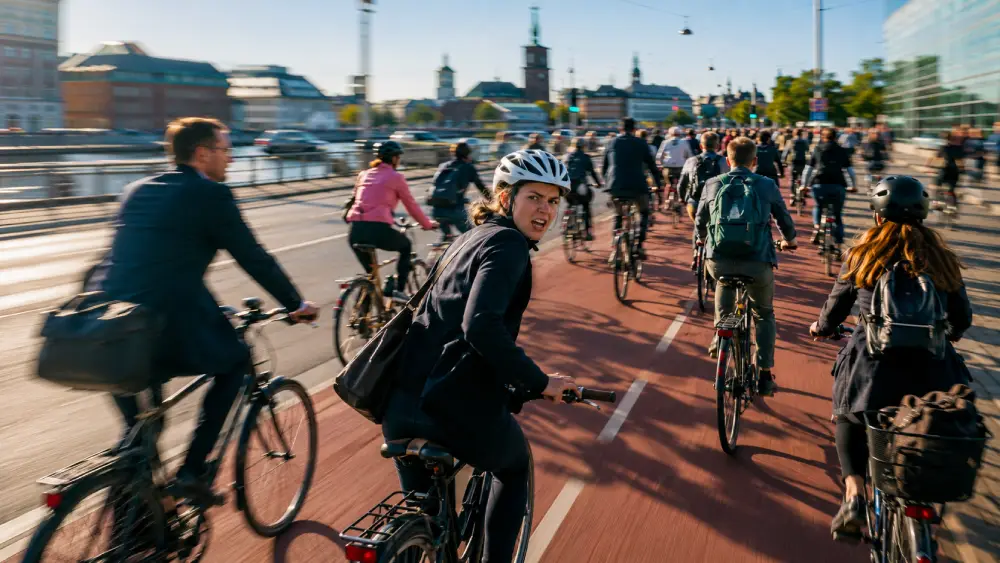 ground-level, action photograph capturing a dense flow of high-speed commuting cyclists in a dedicated Copenhagen bike lane during rush hour.
