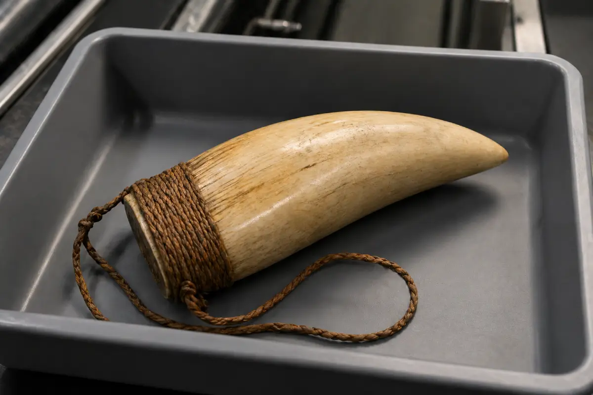 A traditional Fijian Tabua, or whale's tooth, sitting inside a grey airport security X-ray tray.