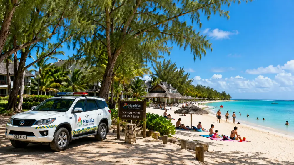 A peaceful, well-maintained public beach in Trou aux Biches, Mauritius, featuring families relaxing and a visible tourism police vehicle.