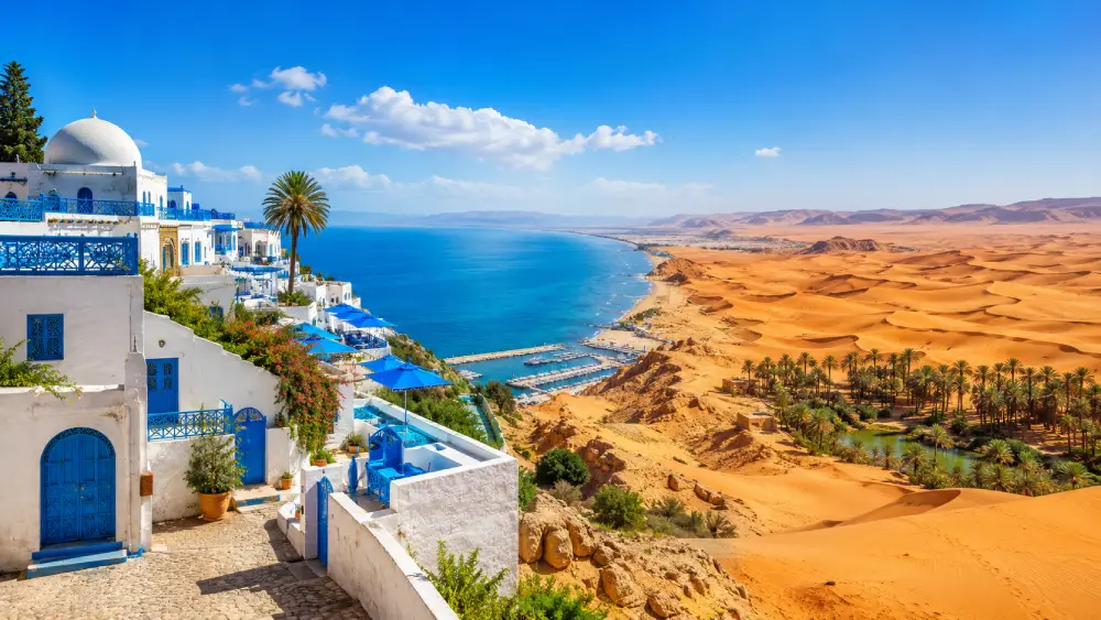 A scenic view contrasting the blue and white coastal village of Sidi Bou Said with the golden sand dunes of the Sahara desert.