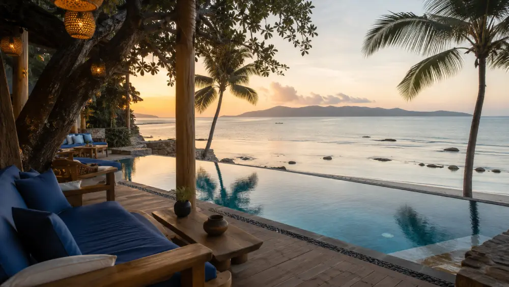 A luxurious boutique resort infinity pool on the beach in Koh Samui.