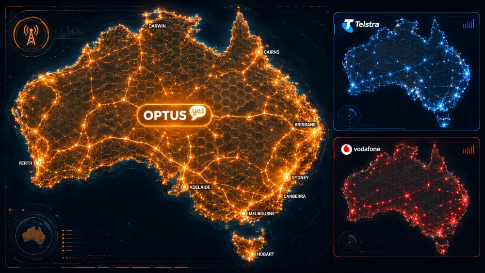 A graphical map of Australia showing comprehensive Optus 4G and 5G network coverage overlays for eSIM users.