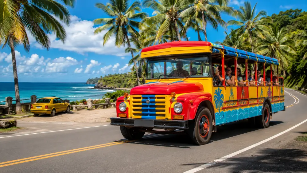 A colorful open-air Bula Bus and a local yellow taxi driving along a sunny coastal road in Fiji.
