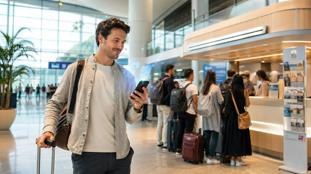Traveler at Malta airport using an eSIM on a smartphone while a physical SIM counter is visible in the background.