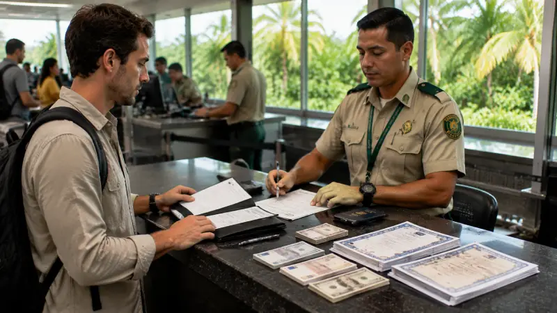 Viajero declarando efectivo y documentos financieros a un oficial de aduanas en un aeropuerto de Costa Rica.