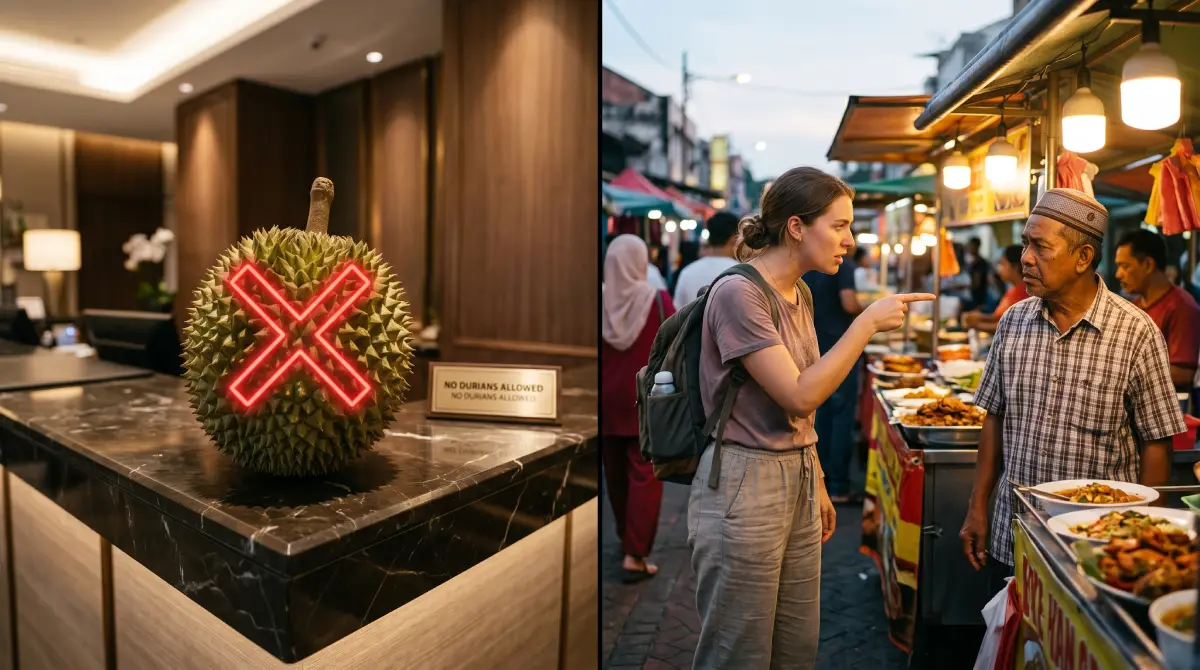 一颗带刺的榴莲果旁边有一个'禁止入内'的标志，一位游客不当指向当地街头小吃摊。