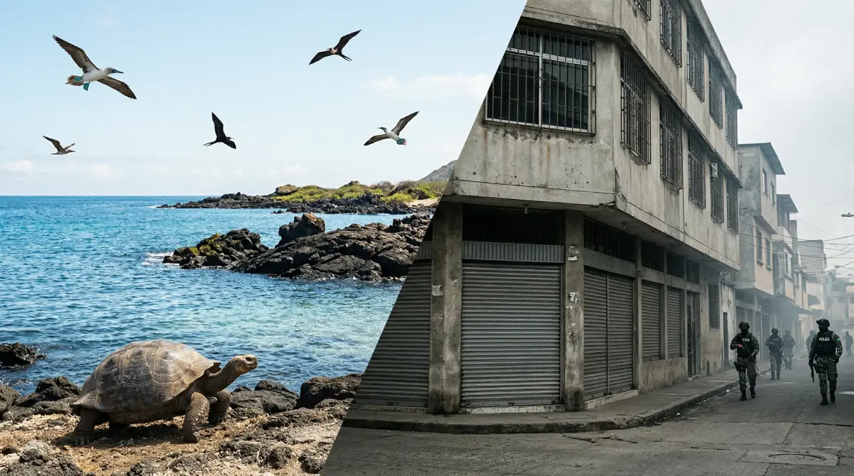 Una imagen dividida que contrasta el entorno prístino y seguro de las Islas Galápagos con una calle fuertemente custodiada en Guayaquil, Ecuador.