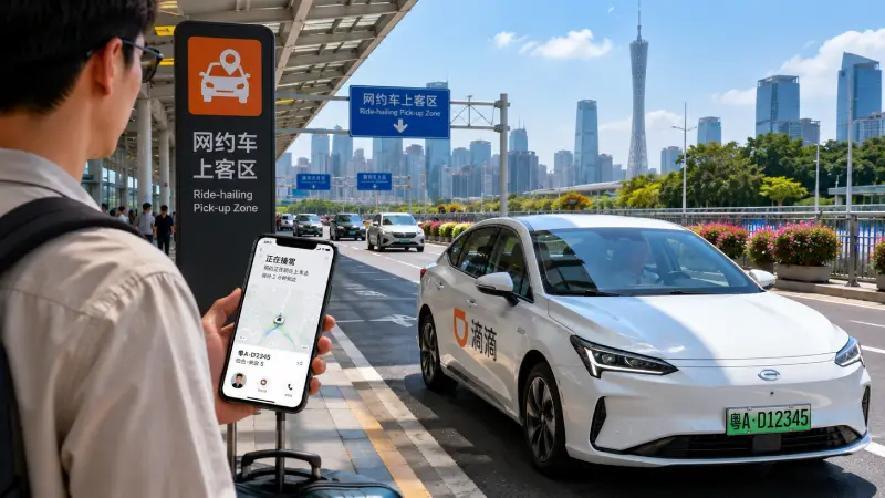 DiDi ride-hailing app interface on a mobile phone with an electric taxi car arriving in Guangzhou.
