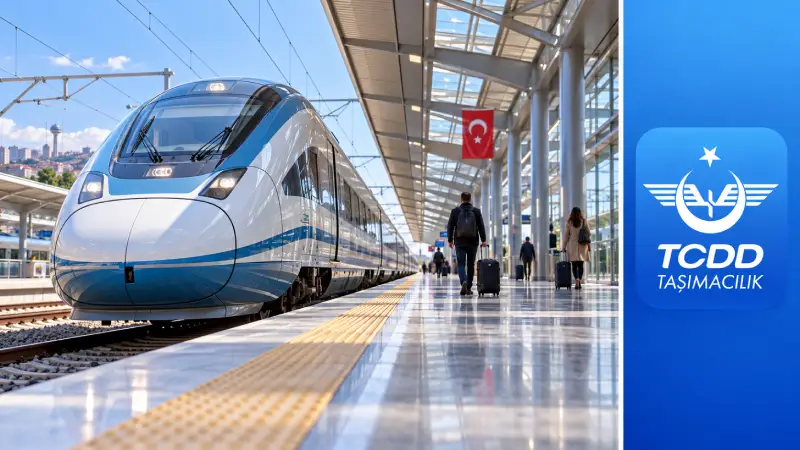 Een hogesnelheidstrein een moderne overkapping van een station in Türkiye, naast het officiële blauwe app-pictogram van TCDD E-Bilet.
