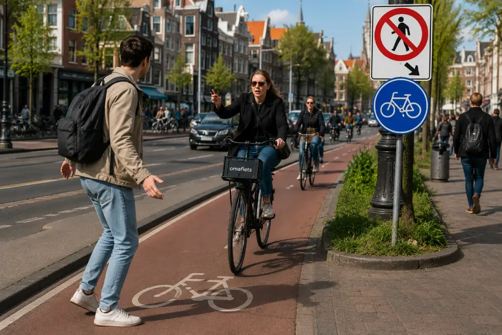 A photorealistic daylight photograph of a pedestrian dangerously stepping onto a red Amsterdam cycle path