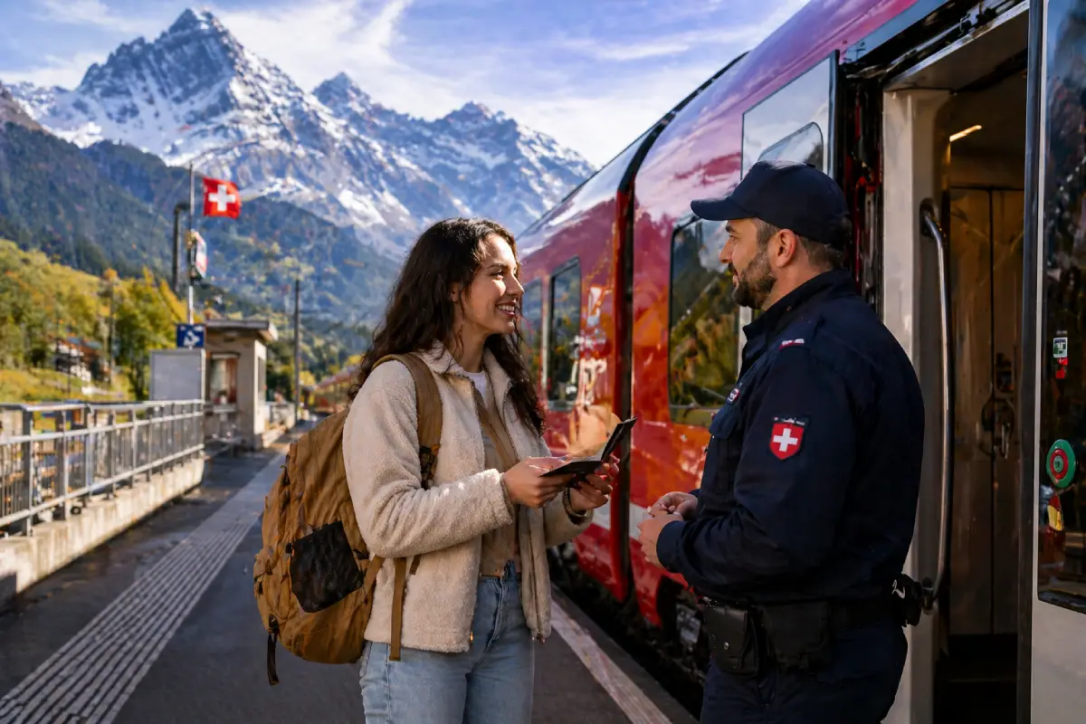 A uniformed customs officer checks the documents of a passenger at an Alpine train station near the Swiss border.