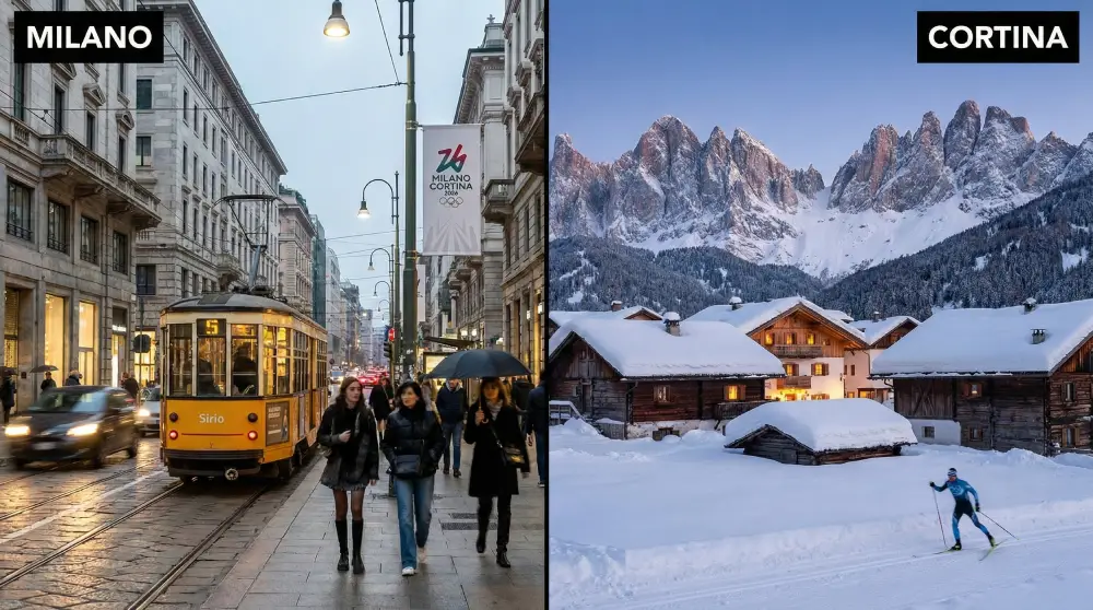 米兰现代城市与雪山科尔蒂纳·达美佐的并排视图，2026年冬季奥运会的两个场馆。