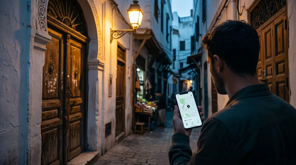 سائح يطلب بأمان خدمة مشاركة موثوقة من هاتفه في الجزائر عند الغسق، متجنبًا مخاطر سيارات الأجرة غير الرسمية في الشوارع.