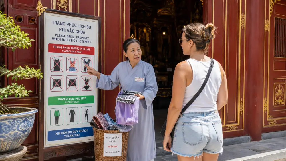 A temple volunteer politely stopping a tourist dressed in shorts and a tank top at a pagoda entrance in Hue.
