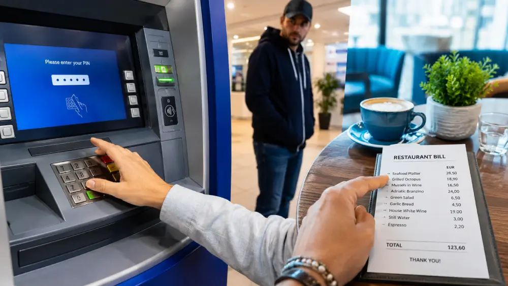 A tourist safely using an indoor ATM and checking a restaurant receipt to avoid local scams.
