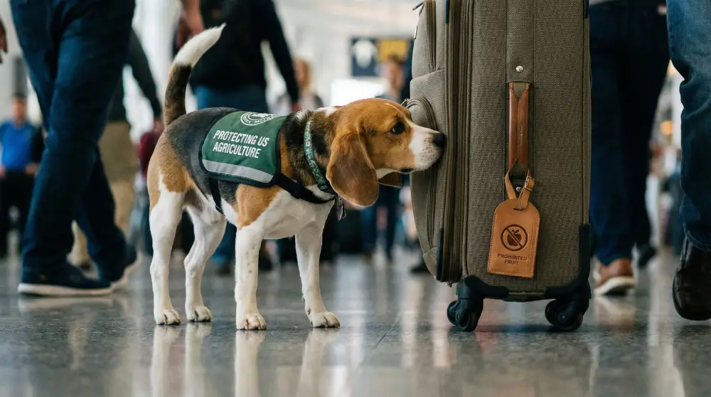 Un perro detector de Agricultura de la Aduana de EE. UU. (Beagle Brigade) olfateando una maleta en busca de alimentos prohibidos.