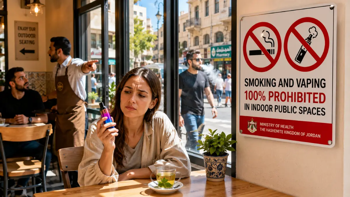 A live photo from a cafe in Amman, featuring tourists and a warning sign demonstrating the ban on smoking cigarettes and e-cigarettes in enclosed spaces.