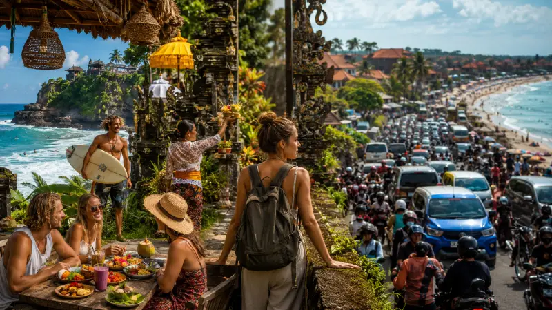 This image contrasts visitors who enjoy Bali's surfing, culture, and social life with those who might be bothered by the crowds and traffic.