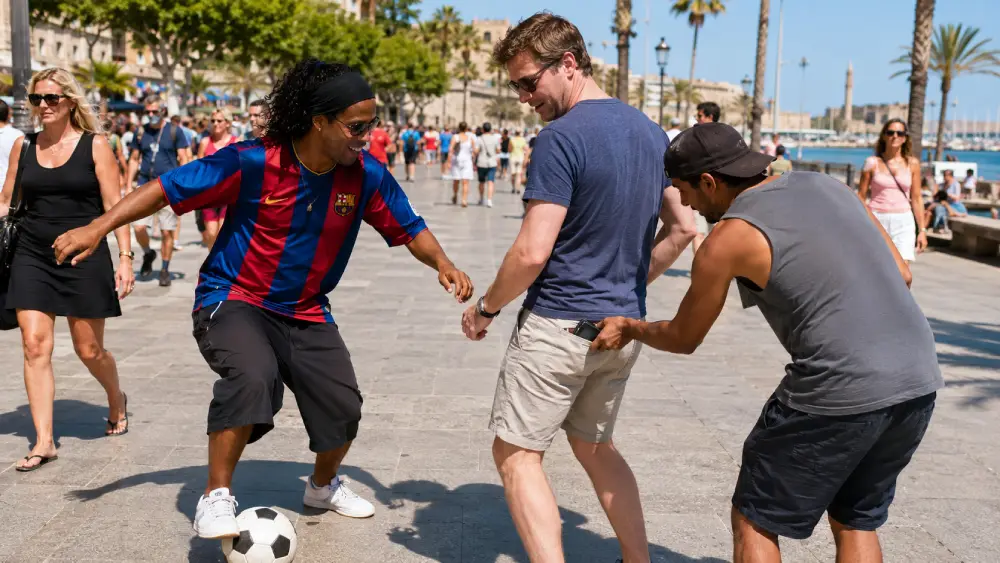 A close-up daytime photo capturing the 'Ronaldinho' football scam, where a friendly stranger uses a distraction maneuver to pickpocket a tourist on a busy boardwalk.