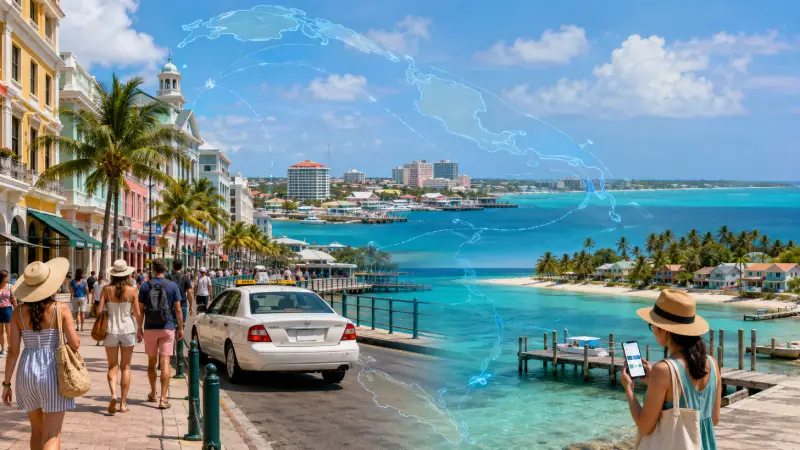 Vue superposée de Nassau, Freeport et d’une Out Island plus tranquille illustrant les différents environnements de voyage aux Bahamas.