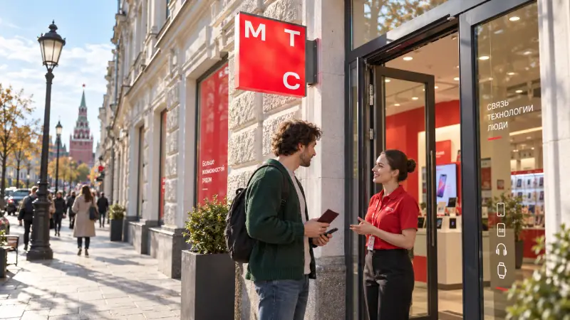 Devanture illustrative d’une boutique MTS à Moscou, avec un voyageur demandant à un employé des renseignements sur le service de SIM locale.