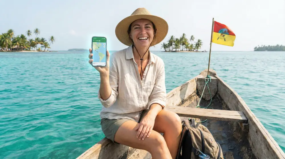 A traveler using a smartphone for navigation on a boat in the San Blas islands of Panama, showing the importance of mobile connectivity.