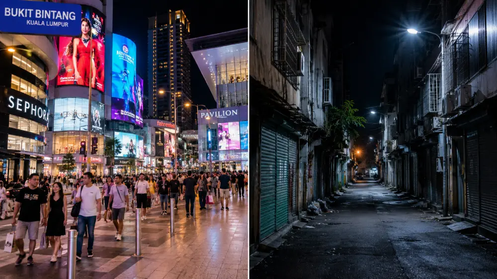 Ein nebeneinander vergleichender Split-Screen, der die hell erleuchteten modernen Straßen von Bukit Bintang auf der einen Seite und eine dunkle, ruhige Gasse auf der anderen Seite zeigt.