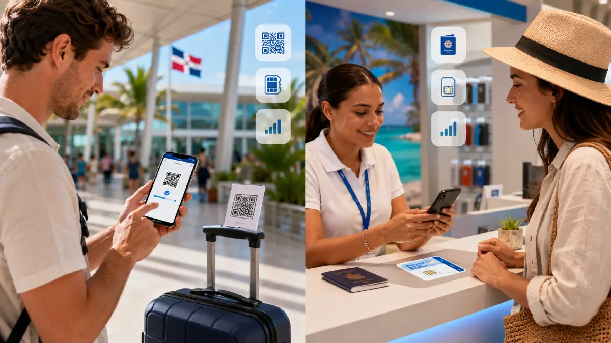 Comparison of eSIM setup and airport SIM card purchase for mobile internet in the Dominican Republic.