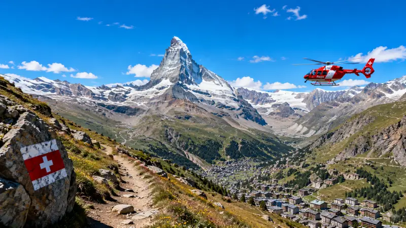 Bright daylight view of Zermatt and the Matterhorn with a red and white hiking marker in the foreground and a Rega helicopter in the distance.
