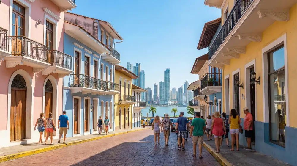 Tourists enjoying a sunny dry season day in the historic Casco Viejo district of Panama City.