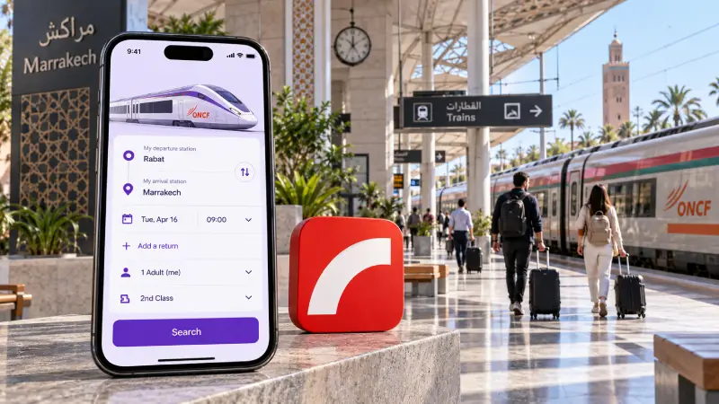 ONCF Voyages icon and official journey-search screen in an illustrative Moroccan railway-station composite.
