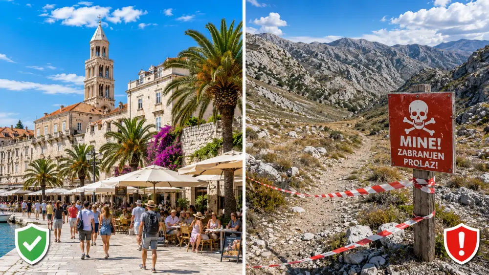 A side-by-side visual comparing a safe, sunny coastal hub in Split with a dangerous, taped-off remote inland mountain trail featuring a landmine warning sign.