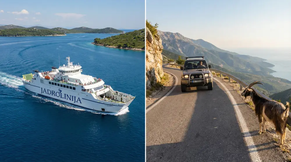 A modern ferry boat in Croatia compared to a scenic mountain road drive in Albania with goats on the side.