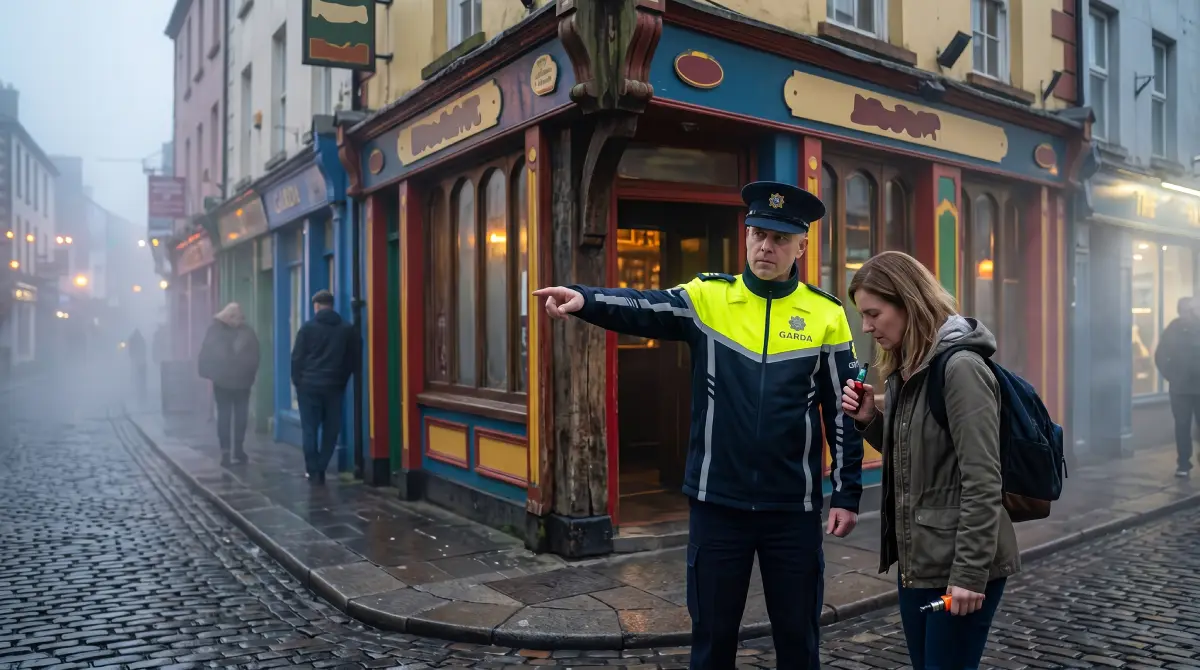 Un ufficiale della Garda irlandese avverte un turista riguardo al vaping all'esterno di un pub tradizionale di Dublino.