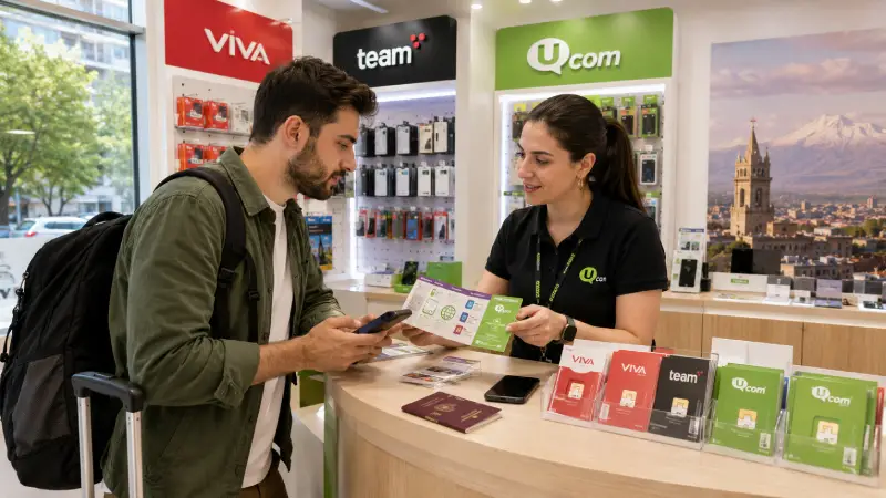 Traveler comparing prepaid tourist SIM card options in a mobile shop in Yerevan, Armenia.
