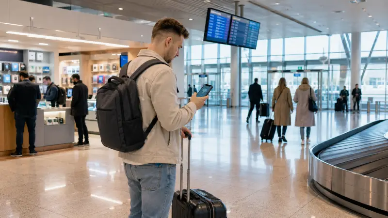 Ceļotājs Minskas lidostā pēc ierašanās pārbauda mobilā interneta iespējas, ņemot vērā lidostas WiFi un SIM kartes iegādi.