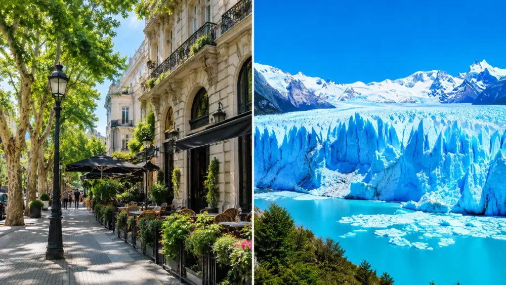 Split view comparing the safe, elegant streets of Recoleta with the natural bright beauty of Patagonian glaciers.