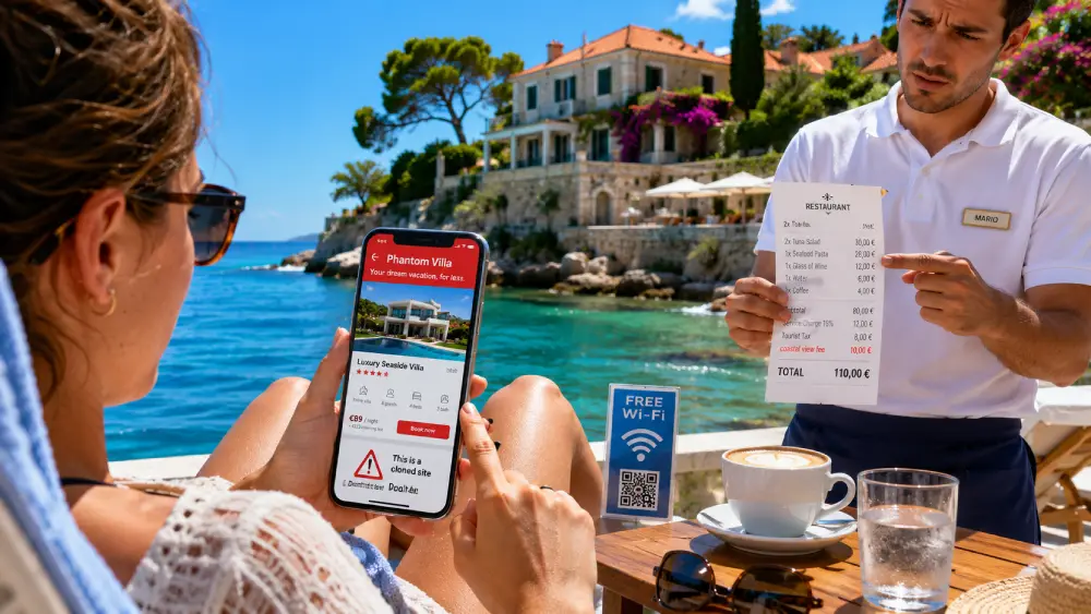 A traveler sitting at a sunny Croatian coastal cafe, looking at a cloned accommodation scam on their smartphone with a real villa in the background.