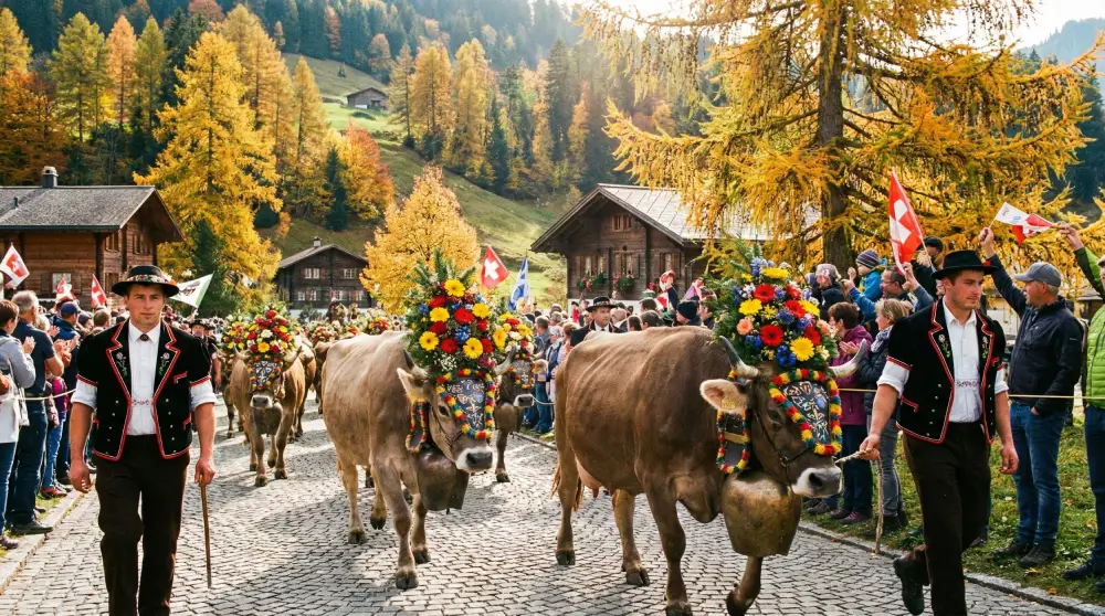Traditional Swiss cow parade in autumn with decorated cows and farmers amidst golden trees.