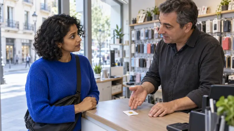 Látogató fizikai feltöltőkártyás SIM-ről beszélget egy ügyintézővel egy madridi mobiltelefon-üzletben.