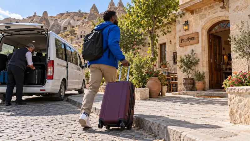 Illustrative arrival at a Göreme guesthouse, with a solo traveler walking from a shared minibus to the entrance.