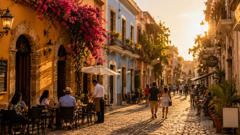 Colorful restored Spanish colonial buildings on a cobblestone street in Santo Domingo's Zona Colonial during golden hour.