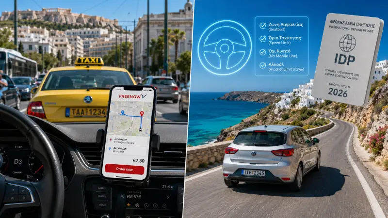 A split photo visualizes the 2026 reality of using the FREENOW ride-hailing app in a yellow taxi and driving a rental car on a scenic Greek island, alongside digital graphic callouts for an IDP requirement.