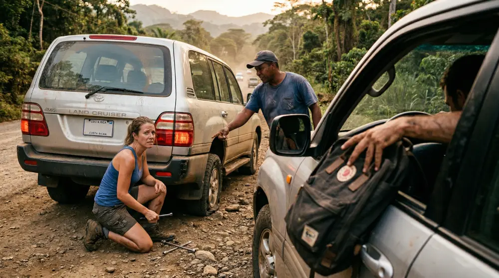 A gritty photo illustrating the infamous flat-tire scam in Costa Rica, where a tourist is distracted while their rental car is robbed.
