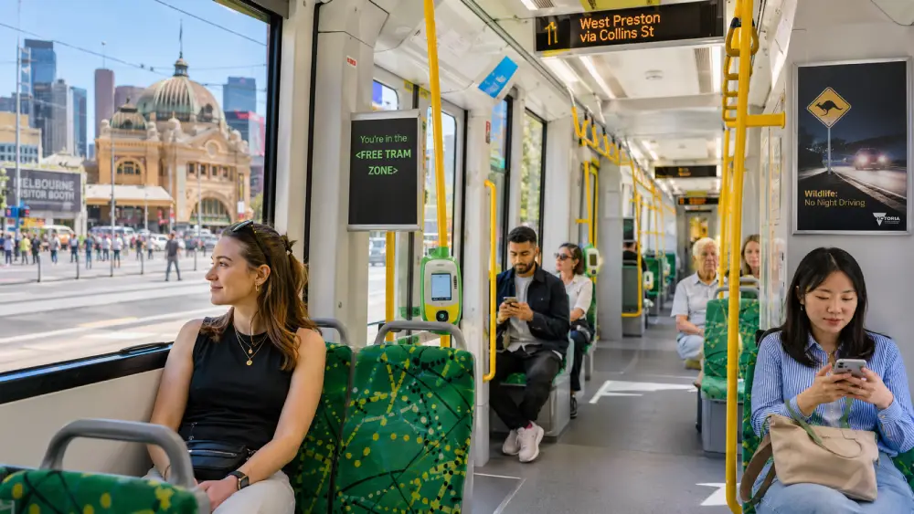 Passengers traveling safely inside a clean, modern Melbourne tram during the day.