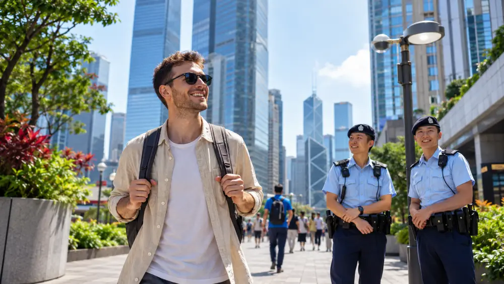 A bright and safe street in Central Hong Kong with a visible but friendly police presence.